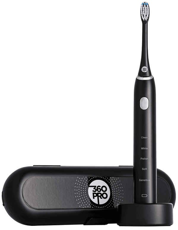 An advanced black 360 PRO electric toothbrush  with multiple cleaning modes, exemplifying  cutting-edge dental care technology. 